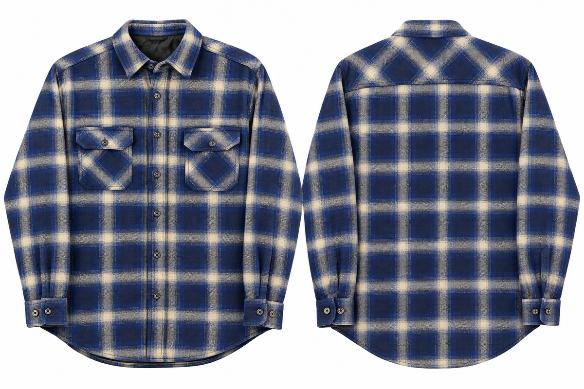 F/X Fusion Men's Blue & Cream Plaid Quilted Shirt Jacket